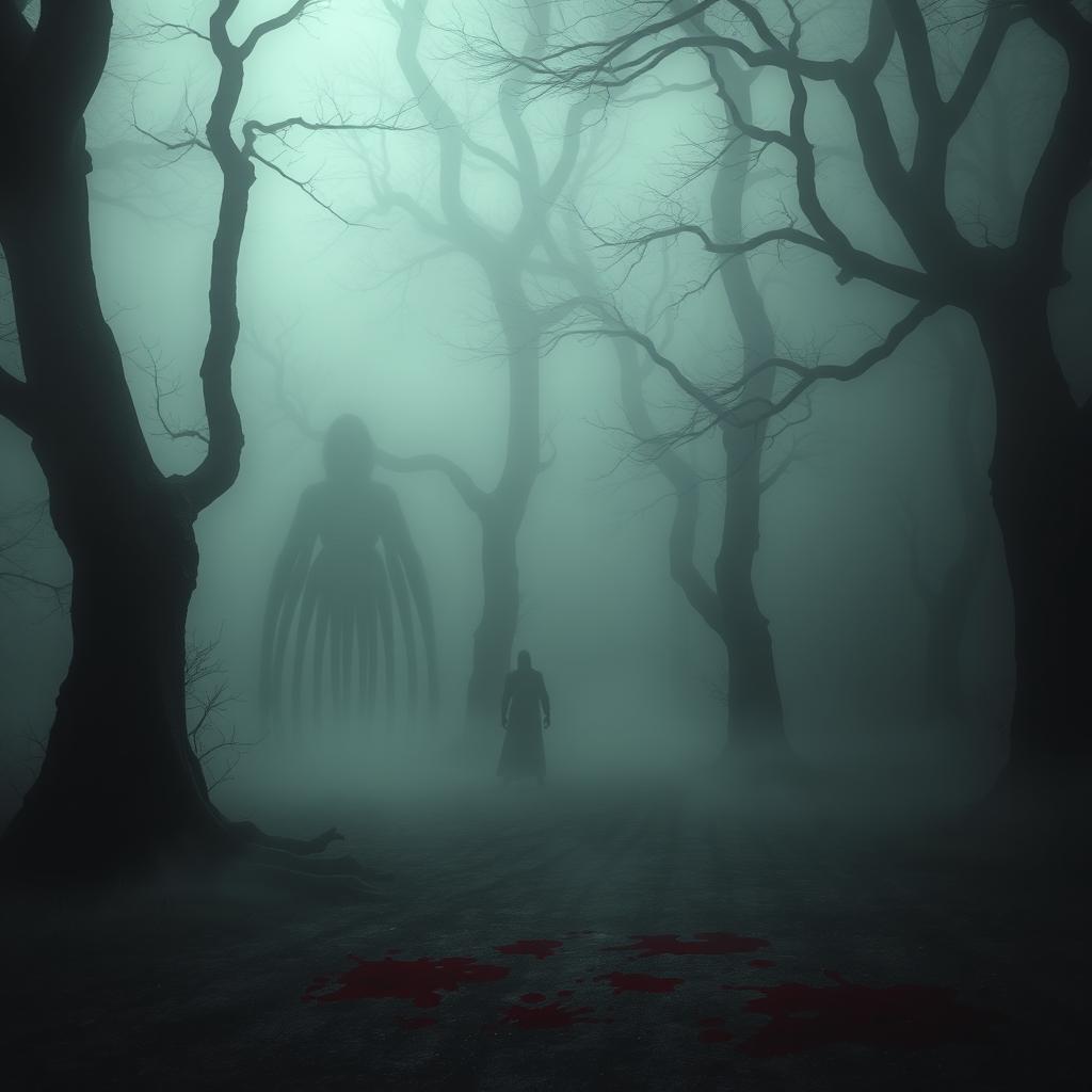 A dark and foggy background scene featuring a dense layer of mist swirling ominously through a murky forest