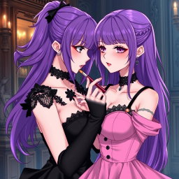 A gothic anime girl with flowing purple hair, wearing a stunning black dress accentuated by a gothic black choker, showcasing her large breasts