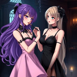 A gothic anime girl with flowing purple hair, wearing a stunning black dress accentuated by a gothic black choker, showcasing her large breasts