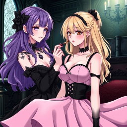 A gothic anime girl with flowing purple hair, wearing a stunning black dress accentuated by a gothic black choker, showcasing her large breasts