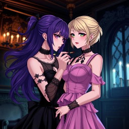 A gothic anime girl with flowing purple hair, wearing a stunning black dress accentuated by a gothic black choker, showcasing her large breasts