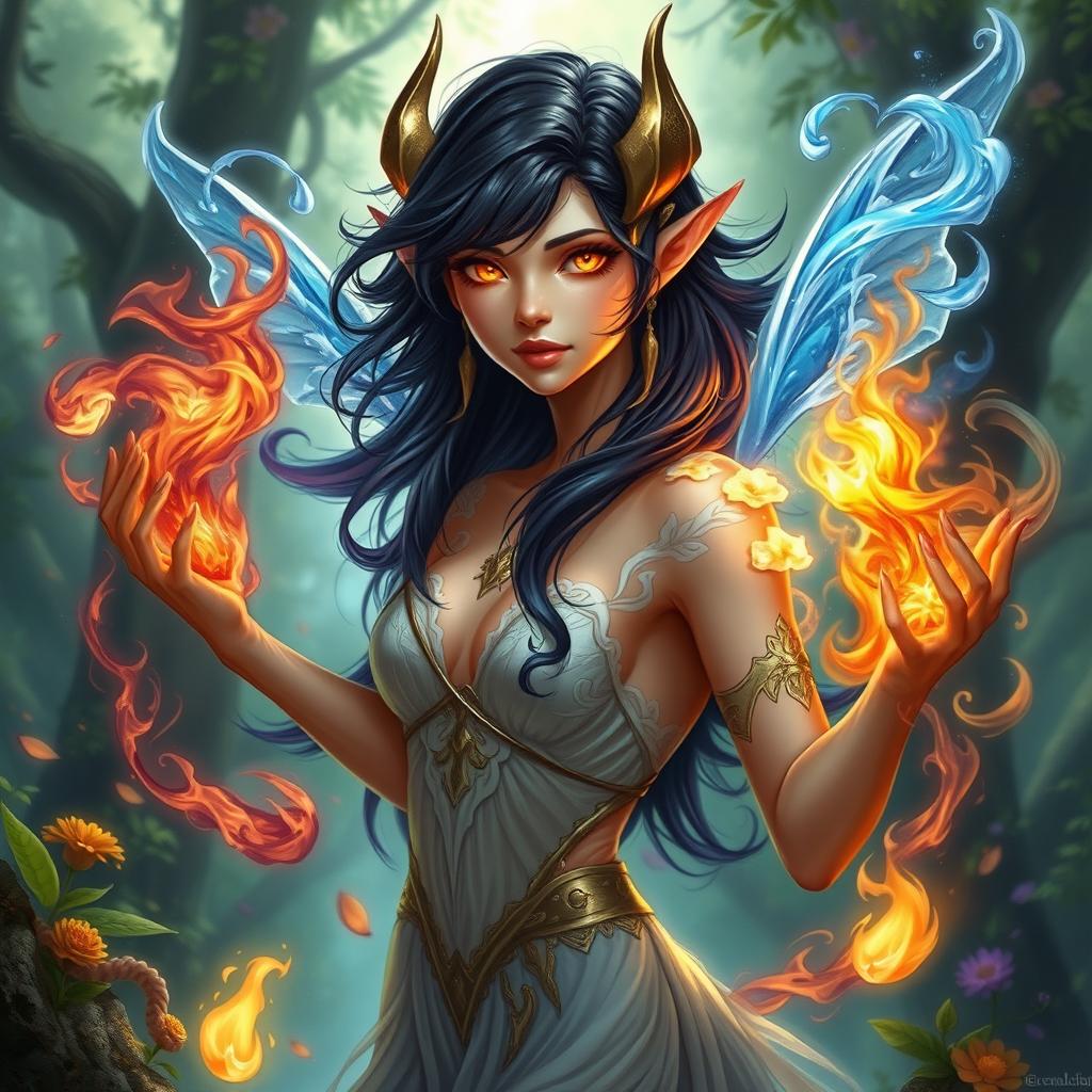 A captivating female nymph character with Tiefling heritage, showcasing striking dark hair that flows gracefully and piercing golden eyes that shimmer with elemental power