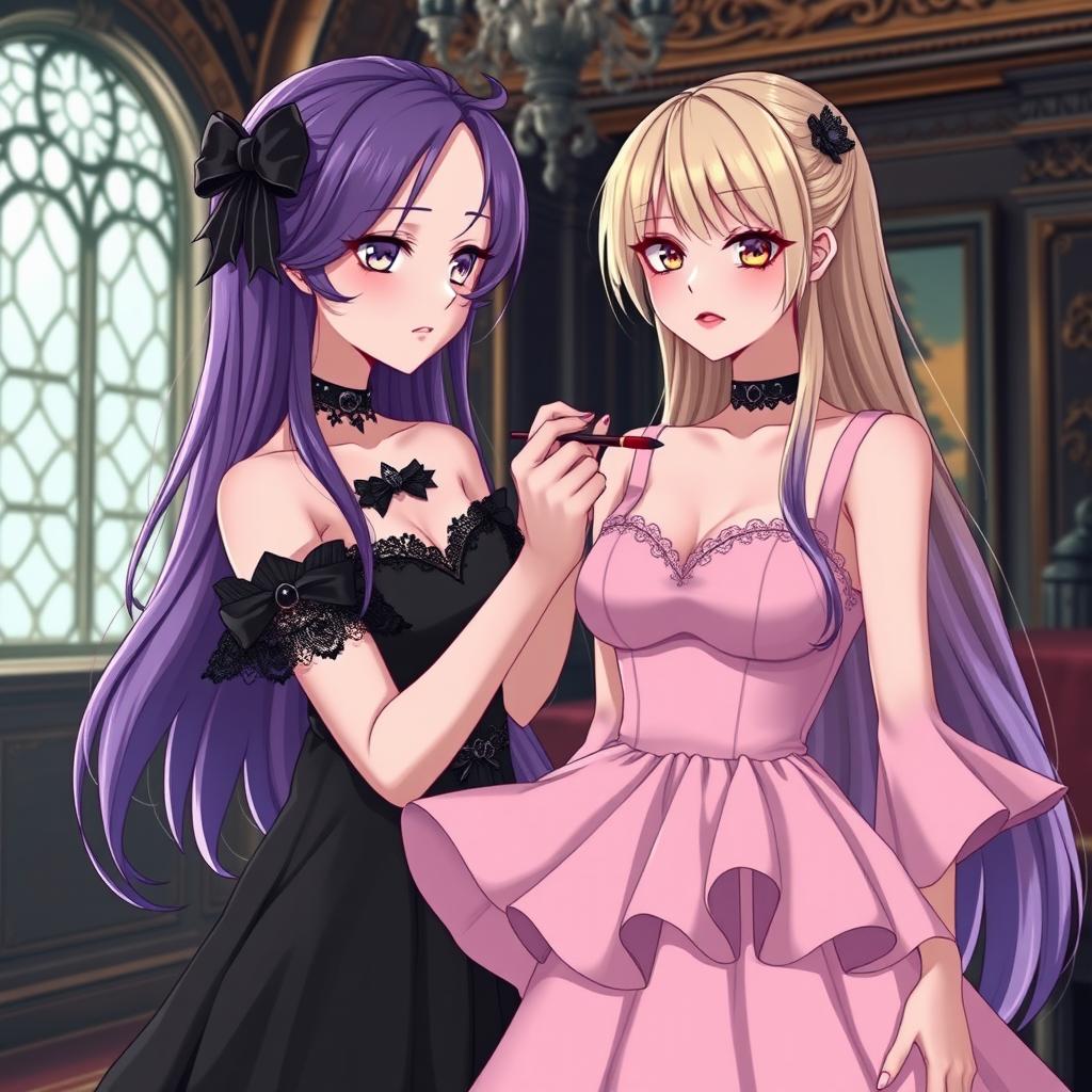 A gothic anime girl with flowing purple hair, dressed in a beautiful black dress accented by a gothic black choker and showcasing her large breasts