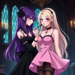A gothic anime girl with flowing purple hair, dressed in a beautiful black dress accented by a gothic black choker and showcasing her large breasts