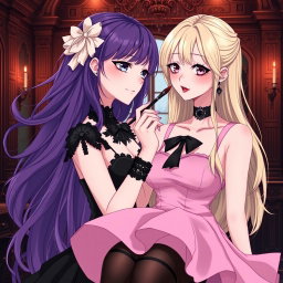 A gothic anime girl with flowing purple hair, dressed in a beautiful black dress accented by a gothic black choker and showcasing her large breasts