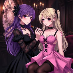 A gothic anime girl with flowing purple hair, dressed in a beautiful black dress accented by a gothic black choker and showcasing her large breasts