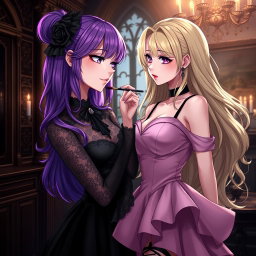 A gothic anime girl with vibrant purple hair, dressed in a stunning black dress adorned with a gothic black choker, accentuating her large breasts