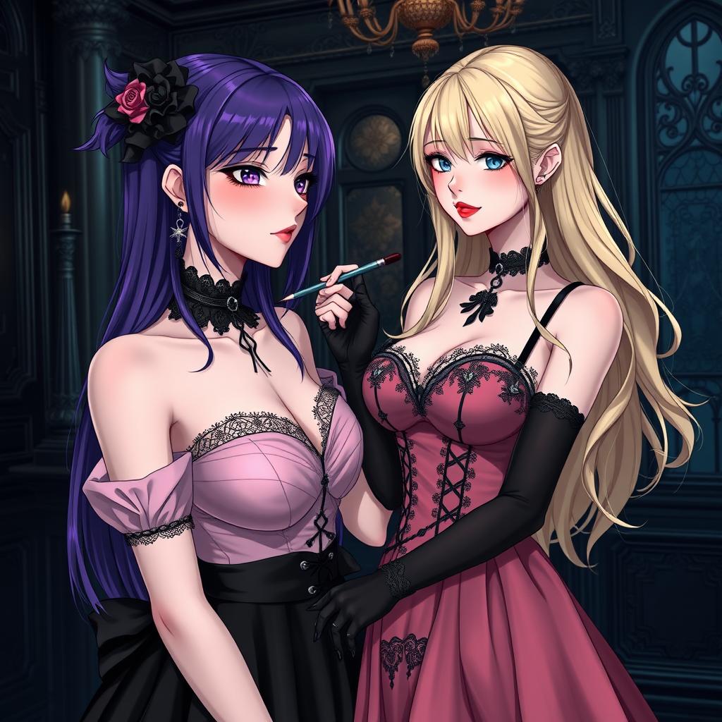 A gothic anime girl with vibrant purple hair, dressed in a stunning black dress adorned with a gothic black choker, accentuating her large breasts