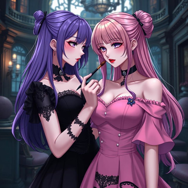 A gothic anime girl with vibrant purple hair, dressed in a stunning black dress adorned with a gothic black choker, accentuating her large breasts