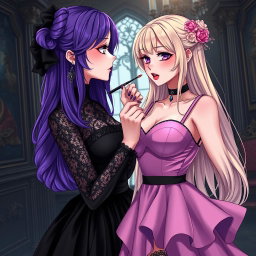 A gothic anime girl with vibrant purple hair, dressed in a stunning black dress adorned with a gothic black choker, accentuating her large breasts