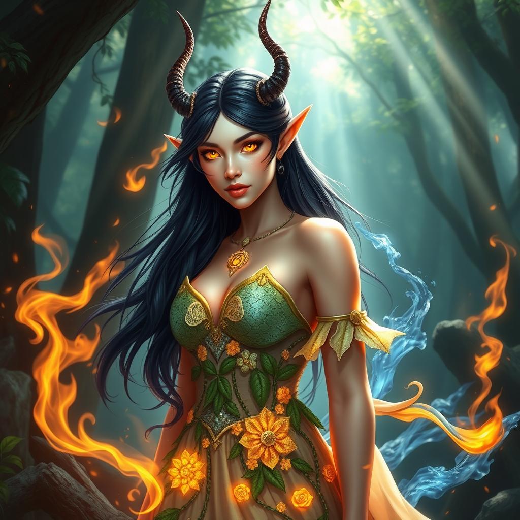 A captivating female nymph with flowing dark hair cascading down her back, showcasing her Tiefling heritage through delicate, elegant horns that emerge from her temples