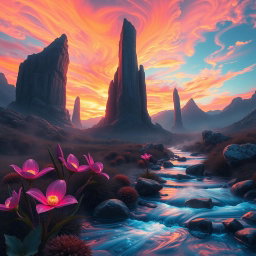 A surreal and abstract interpretation of a mystical landscape featuring towering stone monoliths, illuminated by a vivid sunset sky filled with swirling colors of orange, pink, and purple
