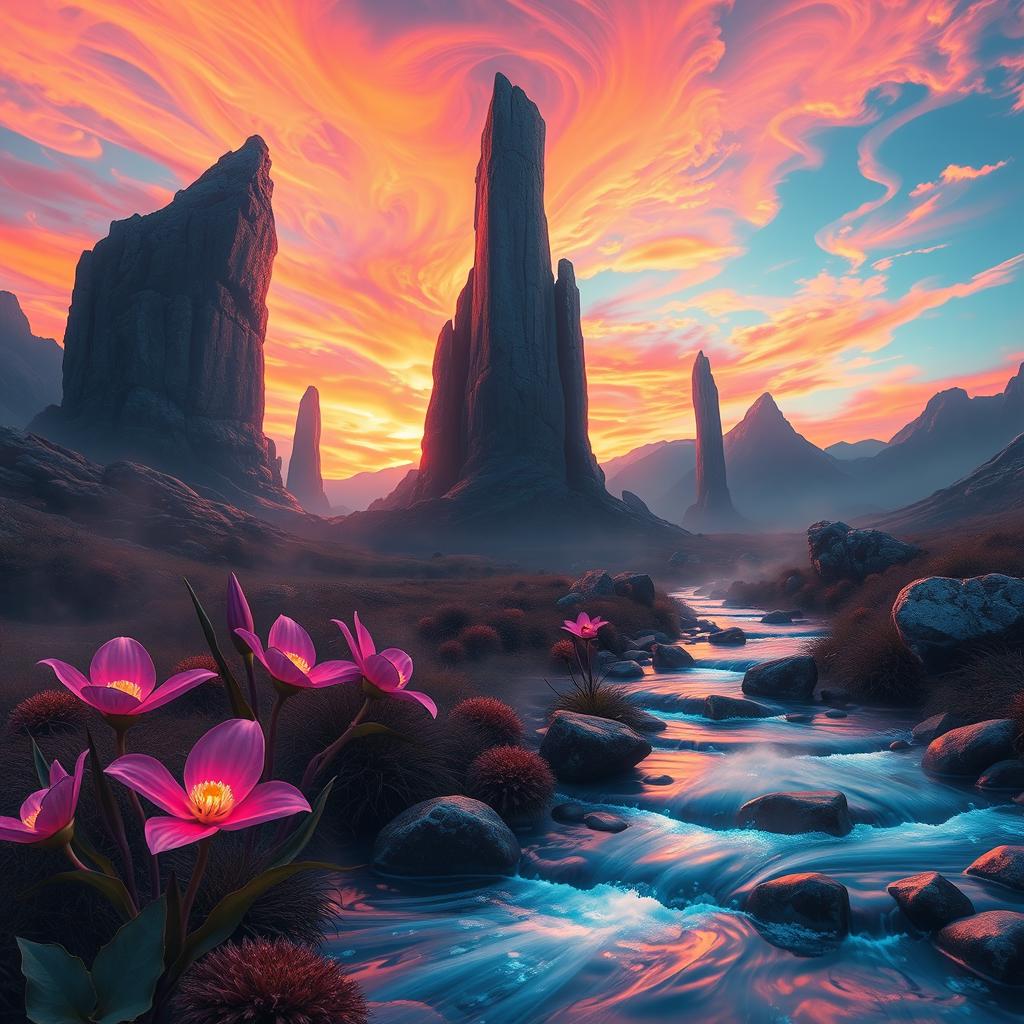 A surreal and abstract interpretation of a mystical landscape featuring towering stone monoliths, illuminated by a vivid sunset sky filled with swirling colors of orange, pink, and purple