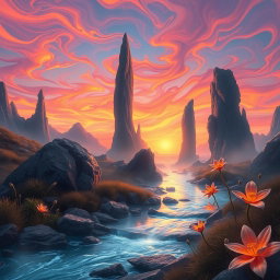 A surreal and abstract interpretation of a mystical landscape featuring towering stone monoliths, illuminated by a vivid sunset sky filled with swirling colors of orange, pink, and purple
