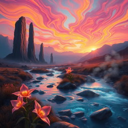 A surreal and abstract interpretation of a mystical landscape featuring towering stone monoliths, illuminated by a vivid sunset sky filled with swirling colors of orange, pink, and purple
