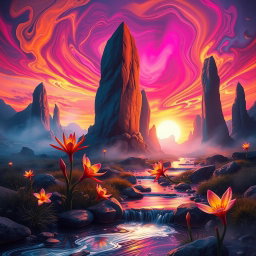 A surreal and abstract interpretation of a mystical landscape featuring towering stone monoliths, illuminated by a vivid sunset sky filled with swirling colors of orange, pink, and purple