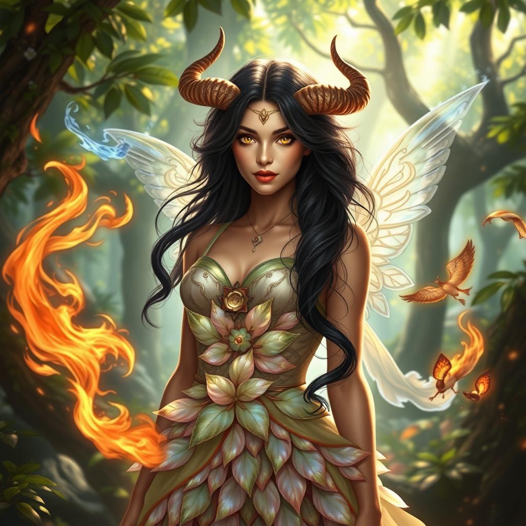 An enchanting female nymph exuding beauty with luxurious dark hair that cascades elegantly around her shoulders, enhancing her mystical aura