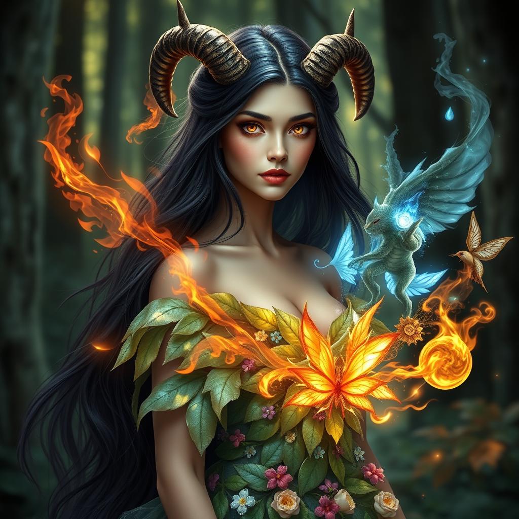 A mesmerizing female nymph with long, flowing dark hair that cascades around her shoulders, embodying an exquisite blend of beauty and power
