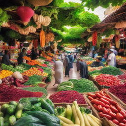 A bustling traditional vegetable souq, with vendors selling a rich array of colorful, fresh vegetables under a vibrant canopy.