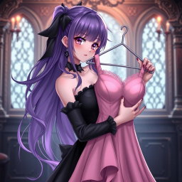 A gothic anime girl with flowing purple hair, dressed in a stunning black dress adorned with a gothic black choker, showcasing her large breasts and bold red lipstick