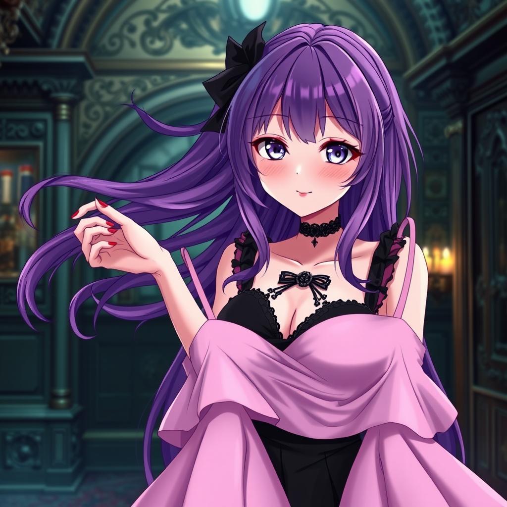 A gothic anime girl with flowing purple hair, dressed in a stunning black dress adorned with a gothic black choker, showcasing her large breasts and bold red lipstick