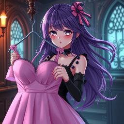 A gothic anime girl with flowing purple hair, dressed in a stunning black dress adorned with a gothic black choker, showcasing her large breasts and bold red lipstick