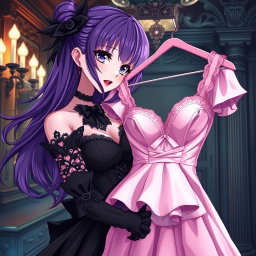 A gothic anime girl with flowing purple hair, dressed in a stunning black dress adorned with a gothic black choker, showcasing her large breasts and bold red lipstick