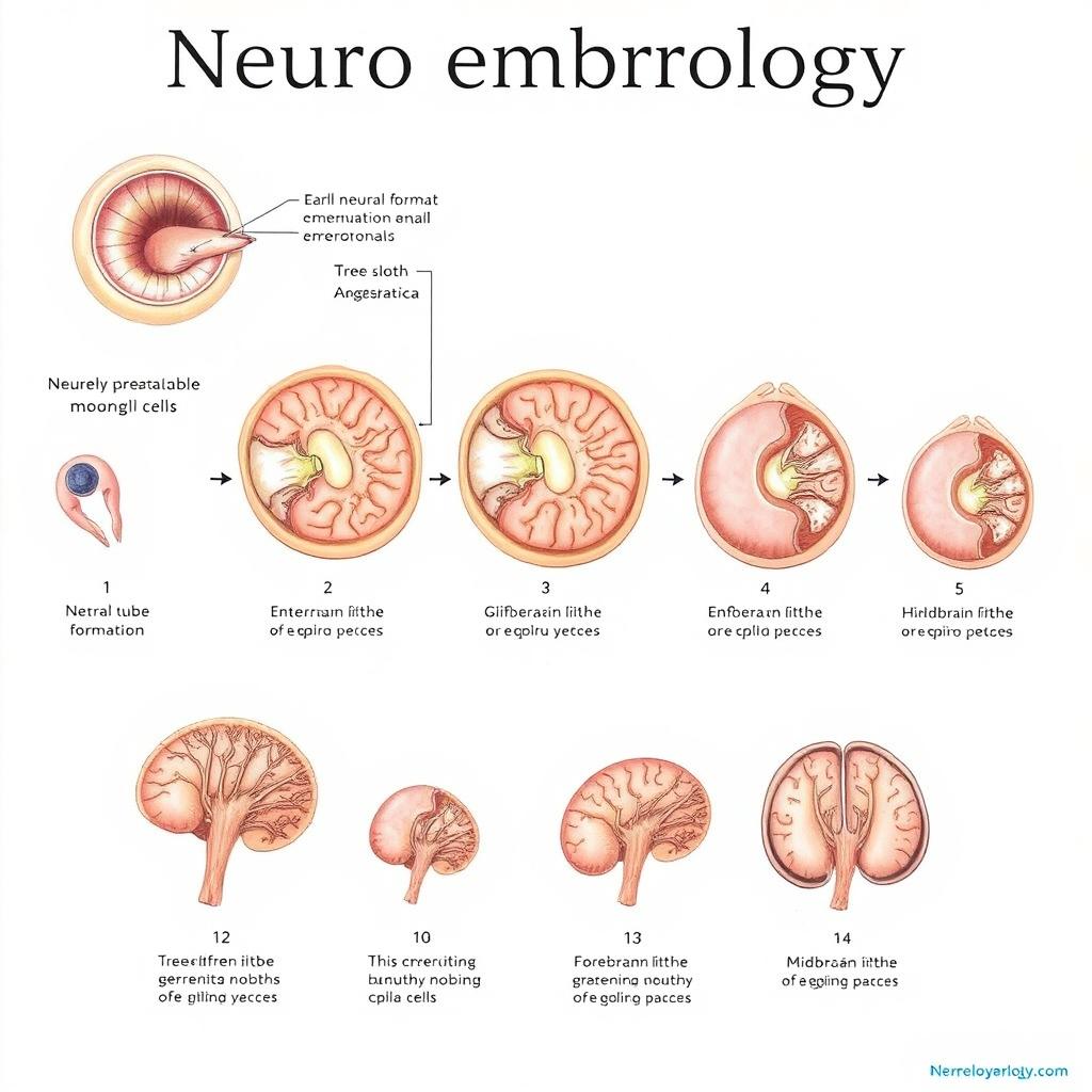 A detailed and informative illustration depicting the stages of neuroembryology, showcasing several key phases of development