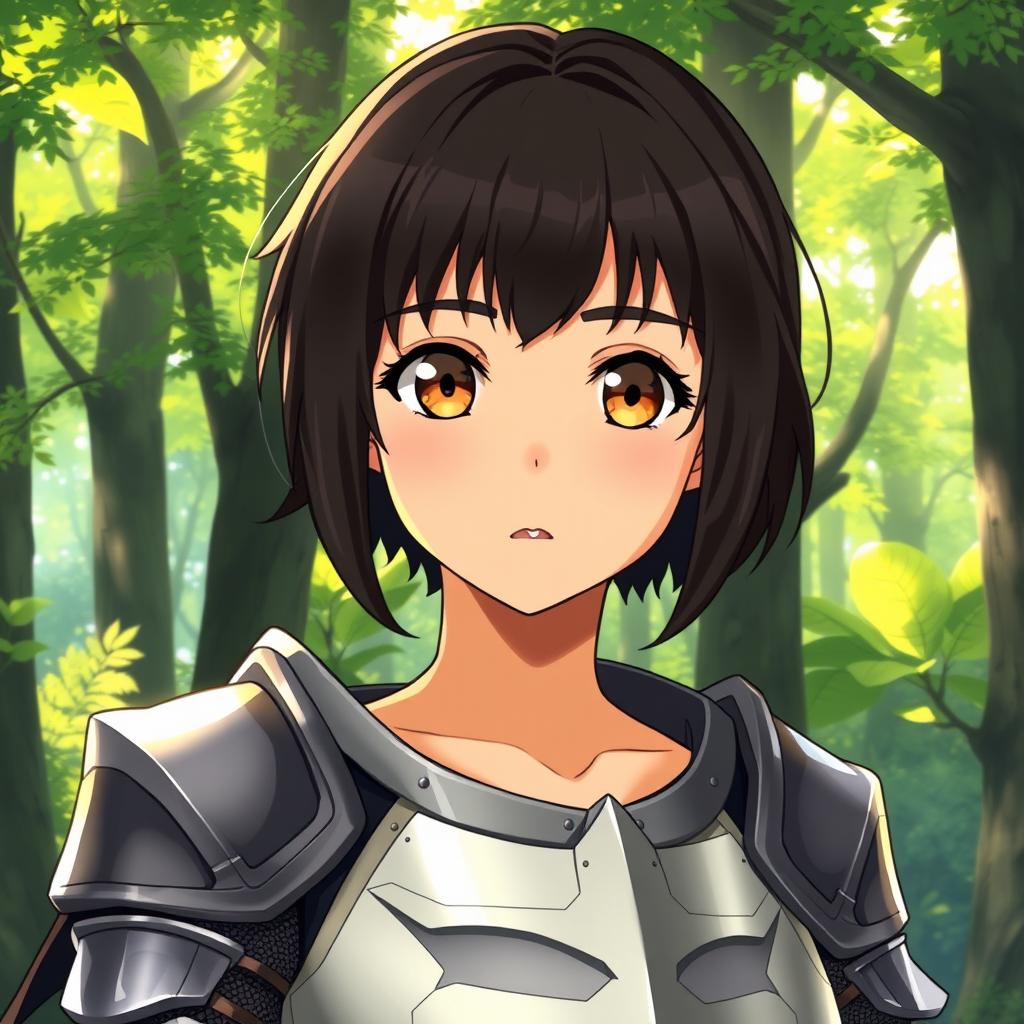 A young woman in anime style with tanned skin and short black hair with bangs, standing in a knight's armor