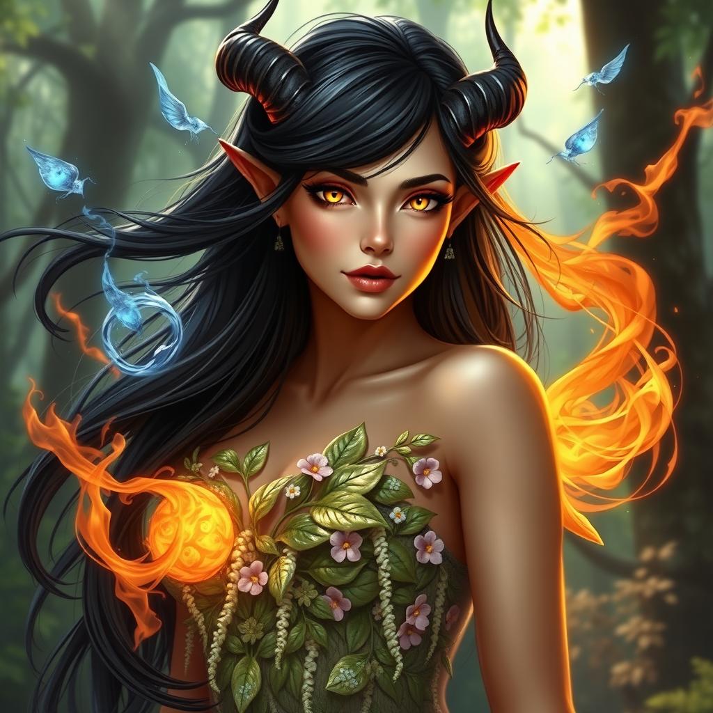 A stunning female nymph with long, flowing dark hair that gracefully frames her face, showcasing her striking beauty
