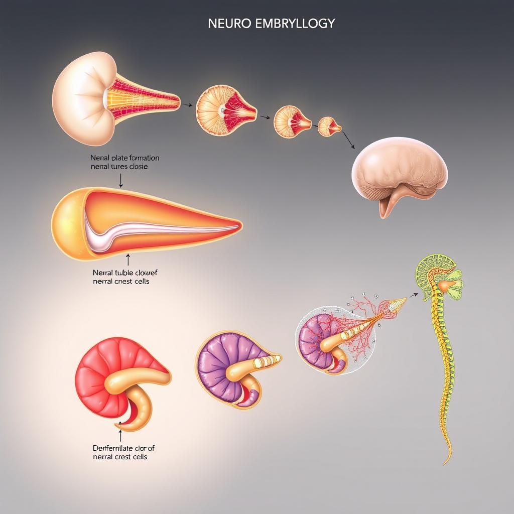 A detailed illustration of the phases of neuroembryology, showcasing the major stages of neural development