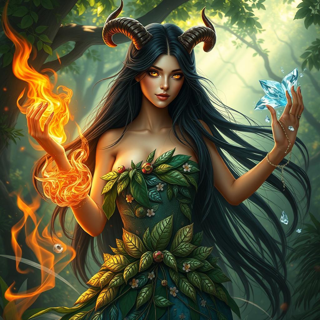 A very beautiful female nymph with long, flowing dark hair that cascades gracefully down her back, embodying an ethereal elegance