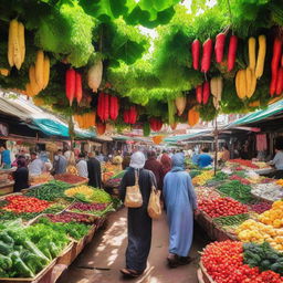 A bustling traditional vegetable souq, with vendors selling a rich array of colorful, fresh vegetables under a vibrant canopy.