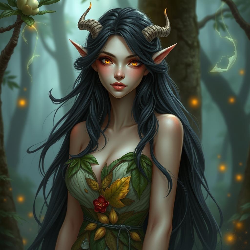 A beautiful female nymph with striking Tiefling heritage, showcasing her ethereal features and enchanting presence