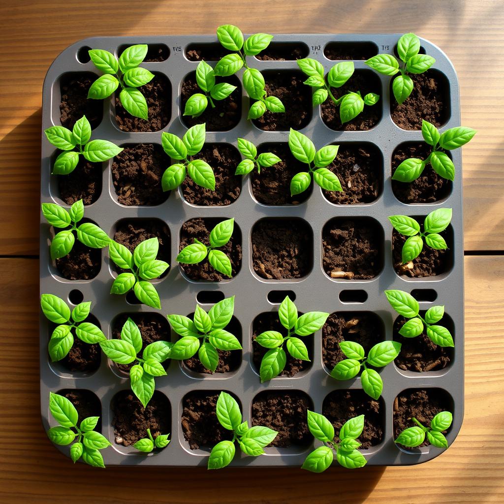 A top view of a 15 seedling tray filled with young tomato plants on the first day of planting