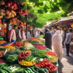 A bustling traditional vegetable souq, with vendors selling a rich array of colorful, fresh vegetables under a vibrant canopy.