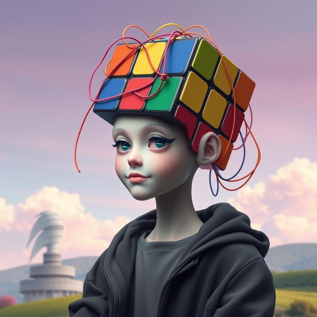 Surreal AI Portrait: Humanoid with Rubik's Cube Head