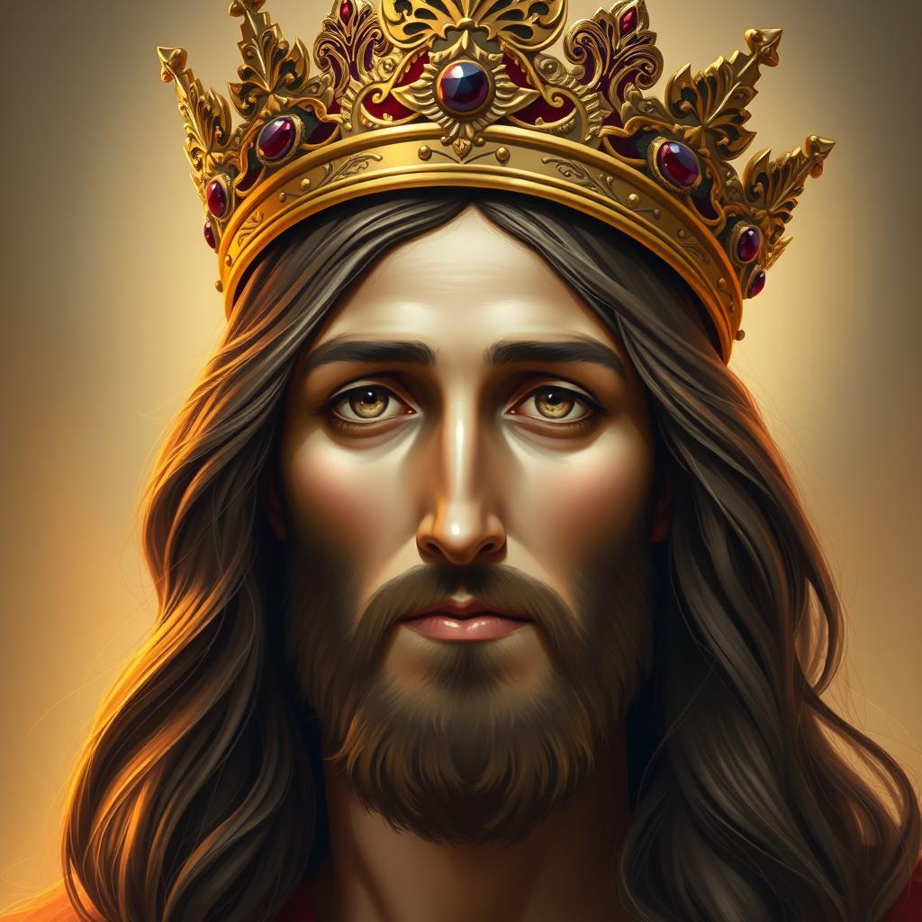 Portrait of Jesus with a regal king's crown, depicting his serene and wise expression