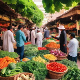 A bustling traditional vegetable souq, with vendors selling a rich array of colorful, fresh vegetables under a vibrant canopy.