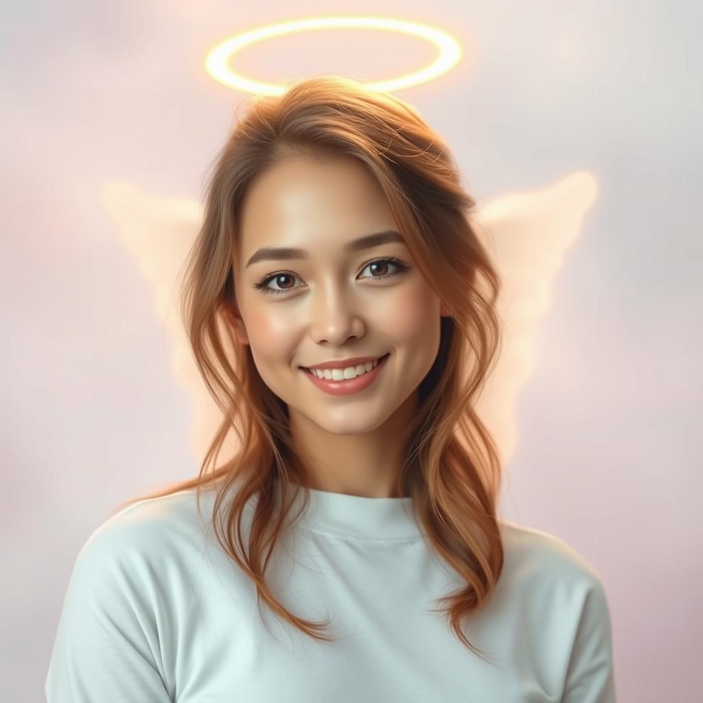 A portrait of a person with an angel halo gently glowing above their head