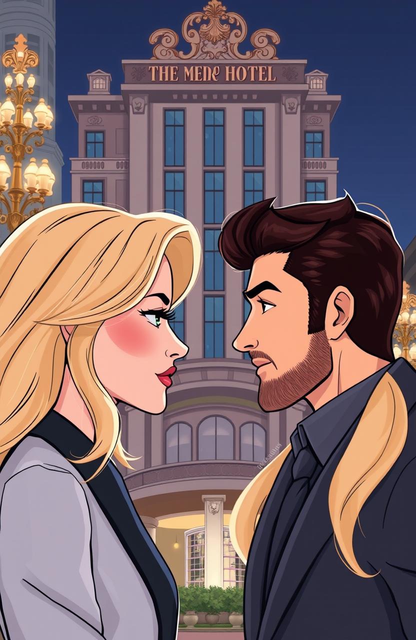 A romantic comedy novel cover illustration featuring a blonde woman, daughter of a luxury hotel chain director, and a dark-haired man with a slight beard, facing each other with a look of distrust