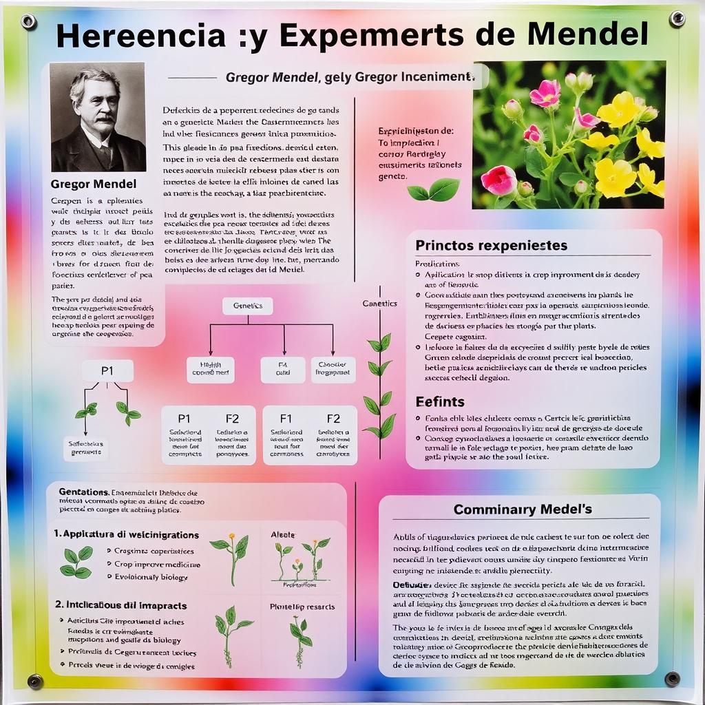 A detailed educational poster titled 'Herencia y Experimentos de Mendel' set against a visually appealing background