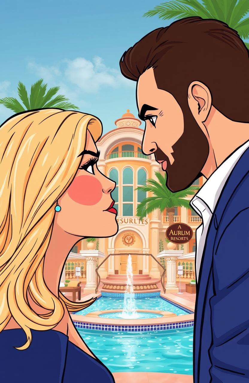 A romantic comedy novel cover illustration featuring a blonde woman, daughter of a hotel chain director, facing off against a dark-haired man with a bit of stubble