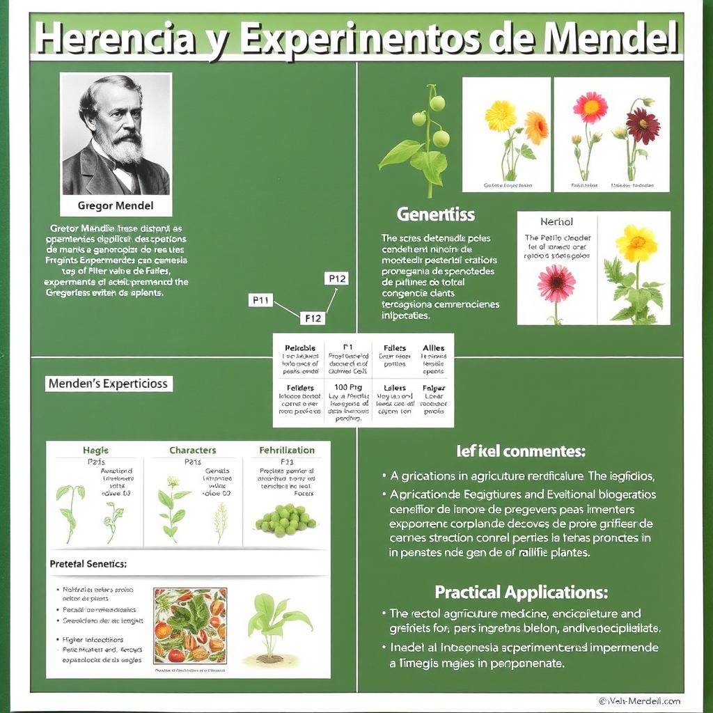 An educational poster titled 'Herencia y Experimentos de Mendel', featuring a clean layout divided into quadrants