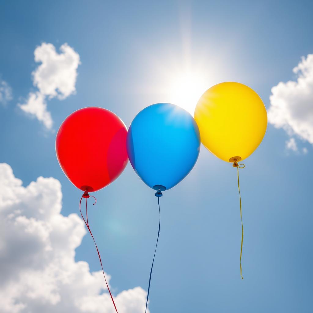 Three colorful balloons floating in the sky, each balloon a different vibrant color: red, blue, and yellow