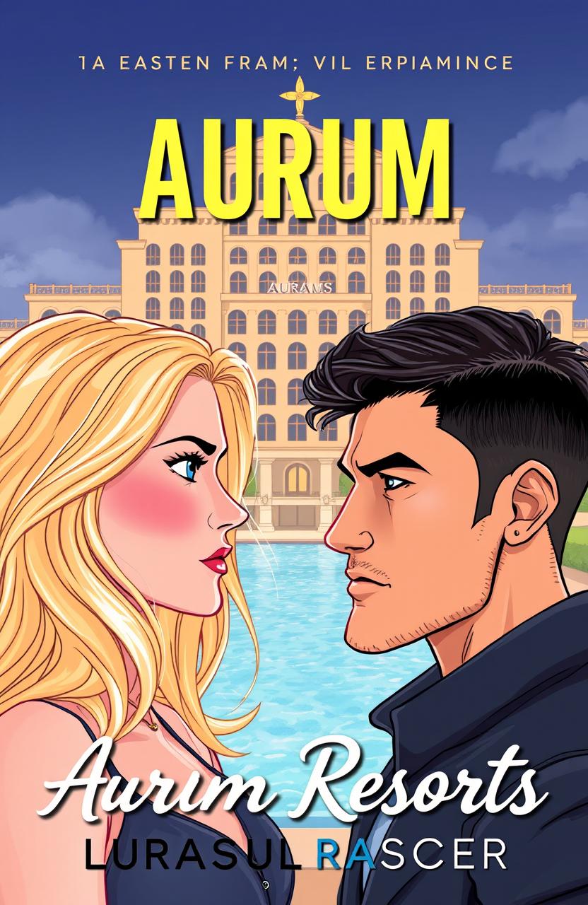 A romantic comedy novel cover illustration featuring a blonde woman and a dark-haired man, both facing each other with a look of distrust