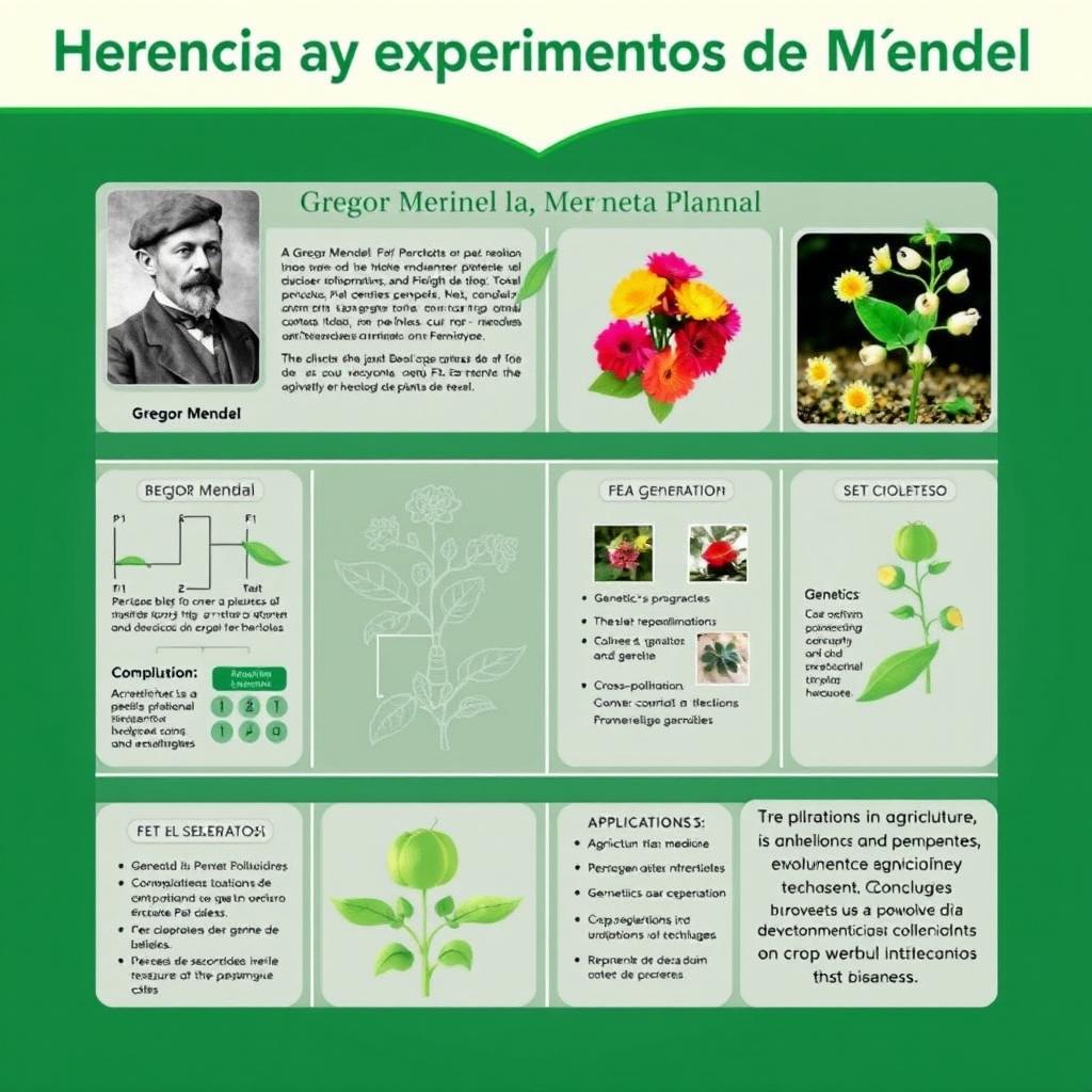 An educational poster titled 'Herencia y Experimentos de Mendel'