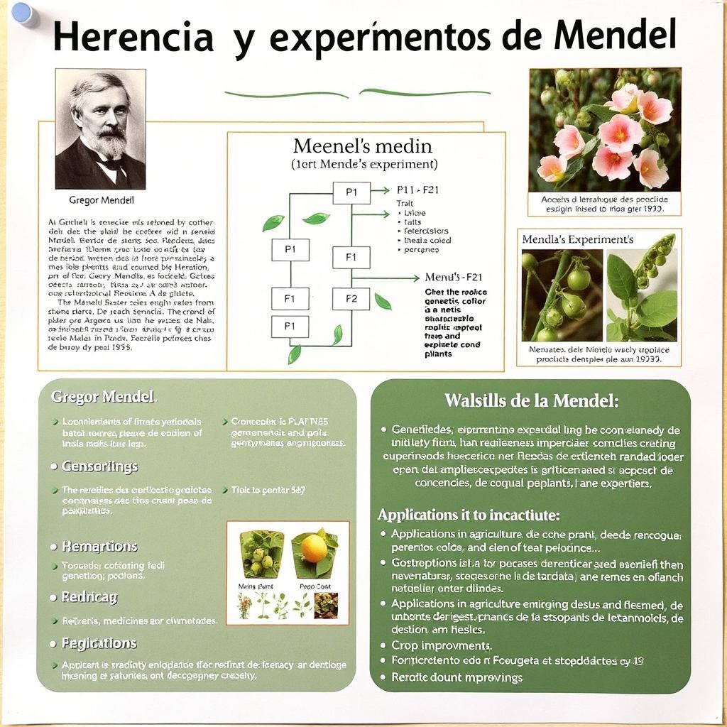 An educational poster titled 'Herencia y Experimentos de Mendel' at the top
