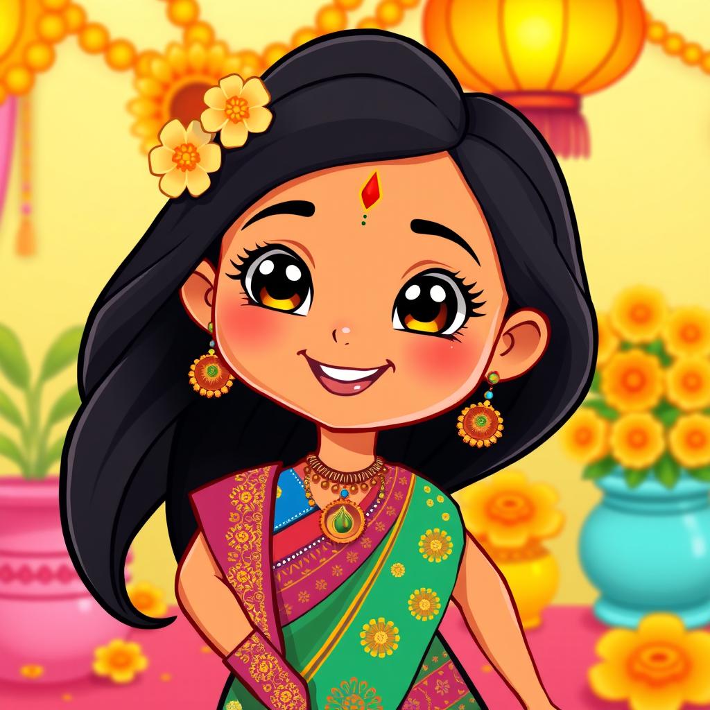 A vibrant and colorful cartoon representation of an Indian girl, showcasing traditional attire such as a colorful lehenga or sari, adorned with beautiful patterns and intricate embroidery