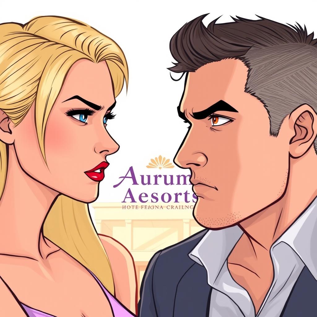 A romantic comedy novel cover illustration showcasing a blonde woman and a dark-haired man, both in a confrontational stance, looking at each other with suspicion